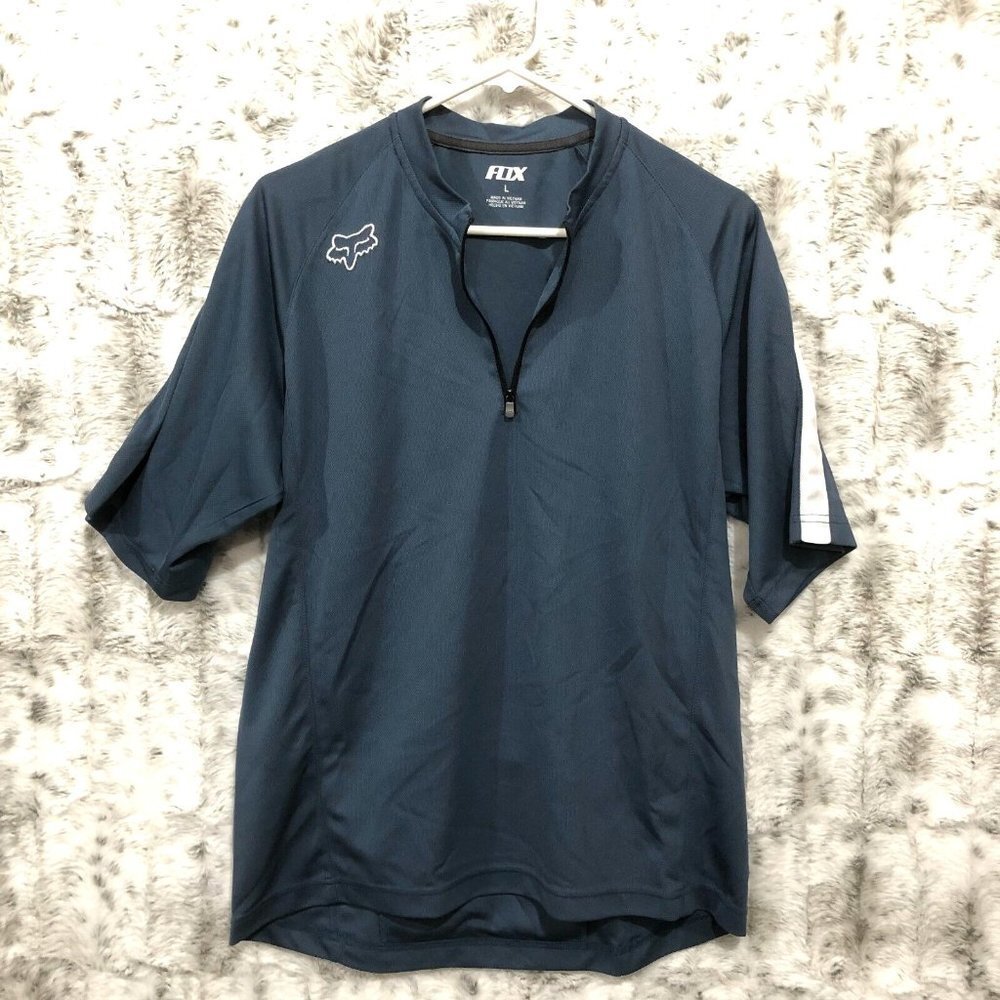 FOX Racing 1/4 Zip Short Sleeve Shirt Grayish Blue Zip Pocket in Back Mens Large